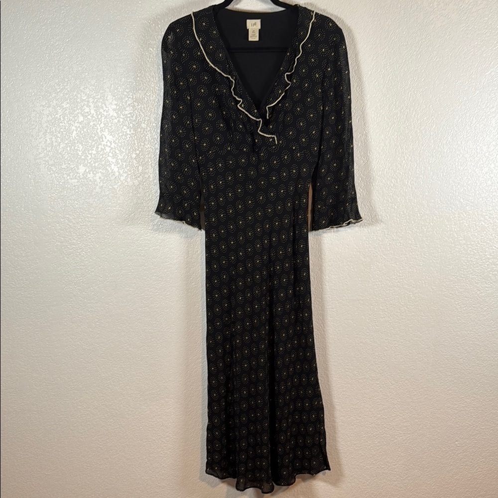 J.Jill Vintage 90s Black Midi Dress Floral Polka Dot Sheer Sleeves Size 6 Tall
